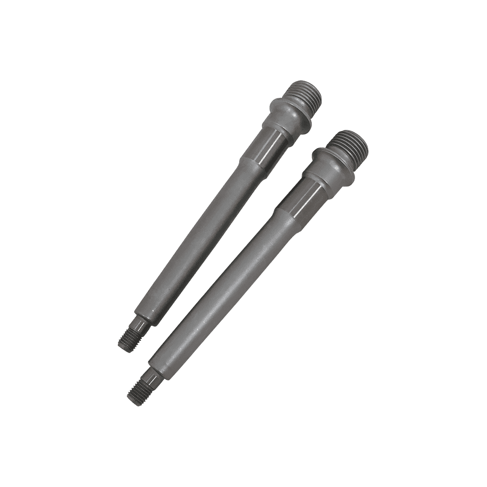 Zwei AZONIC Spindel Pucker Up Pedalteile mit Gewinde und glatten zylindrischen Körpern sind parallel auf einem einfarbigen grünen Hintergrund angeordnet.