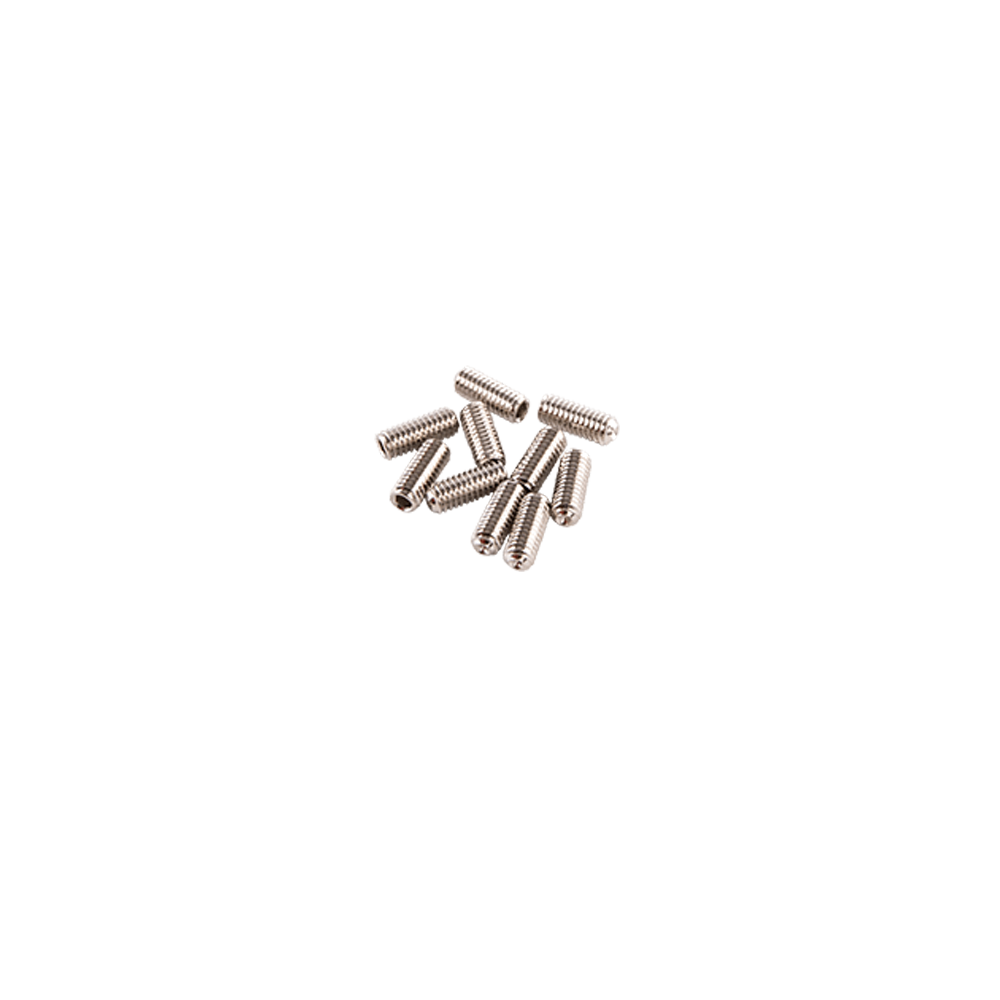 Ein kleiner Stapel AZONIC Stahl-A-Pins, silberne Metallschrauben mit flachem Kopf, wahllos verstreut auf einem weißen Hintergrund.