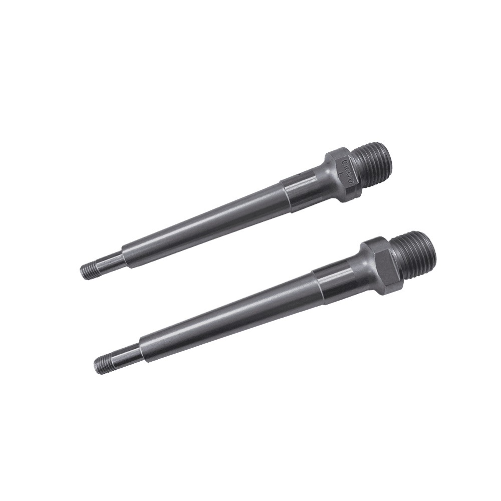 Zwei AZONIC Spindel Kamikaze RL-Teile, metallische zylindrische Körper mit Gewindeenden, sind parallel zueinander auf einem unifarbenen Hintergrund positioniert.