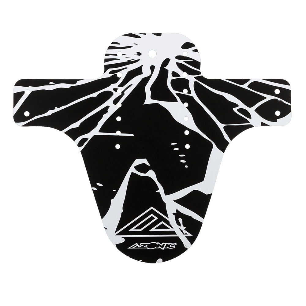 Das AZONIC SPLATTER Schutzblech ENIGMA ist ein schwarz-weißes Mountainbike-Schutzblech mit einem abstrakten Rissmuster und dem AZONIC-Logo in der unteren Mitte.