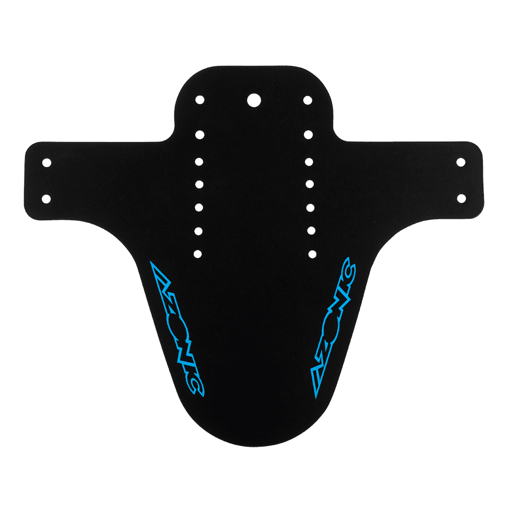 Das AZONIC SPLATTER Schutzblech LOGO ist ein schwarzes Mountainbike-Schutzblech mit einem breiten Oberteil, einem gebogenen Unterteil, mehreren Befestigungslöchern und blauen AZONIC-Logos auf beiden Seiten.