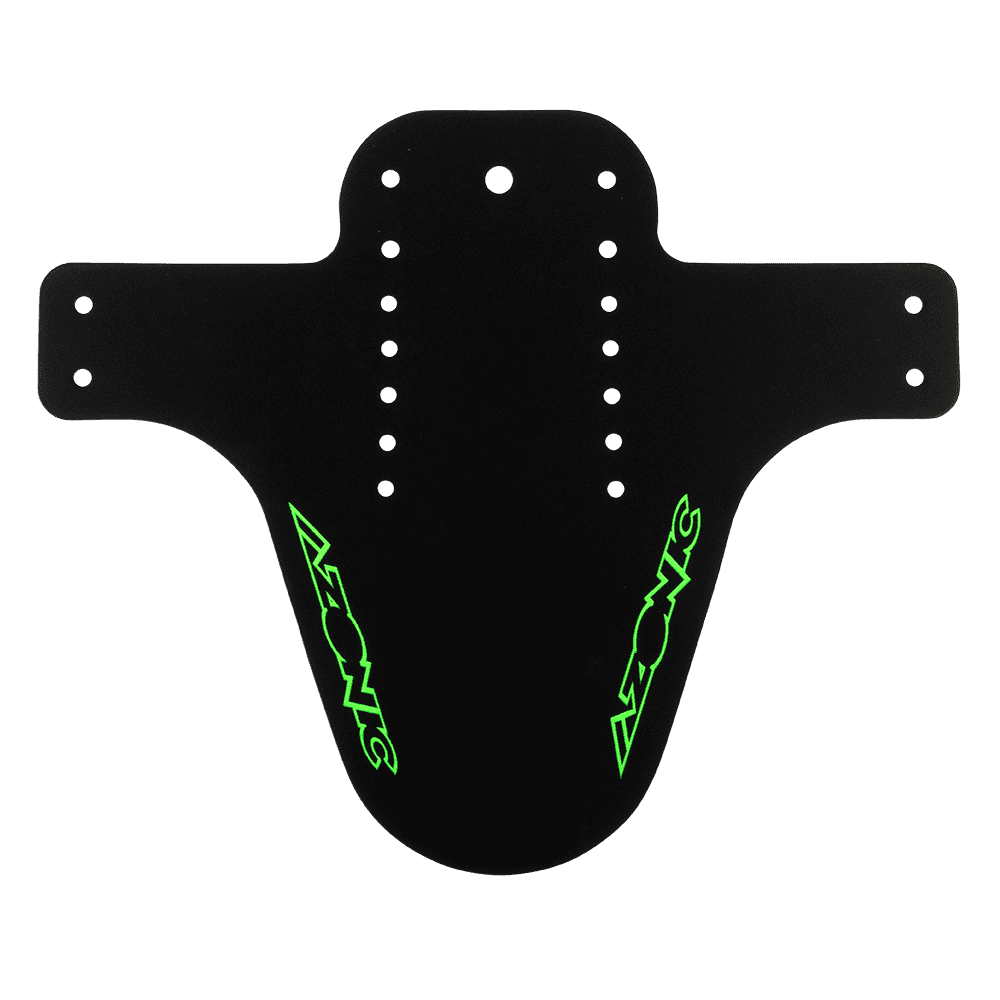 Das AZONIC SPLATTER Schutzblech LOGO ist ein schwarzes Kunststoff-Schutzblech von AZONIC mit mehreren Befestigungslöchern und zwei neongrünen "AZONIC"-Logos auf jeder Seite.