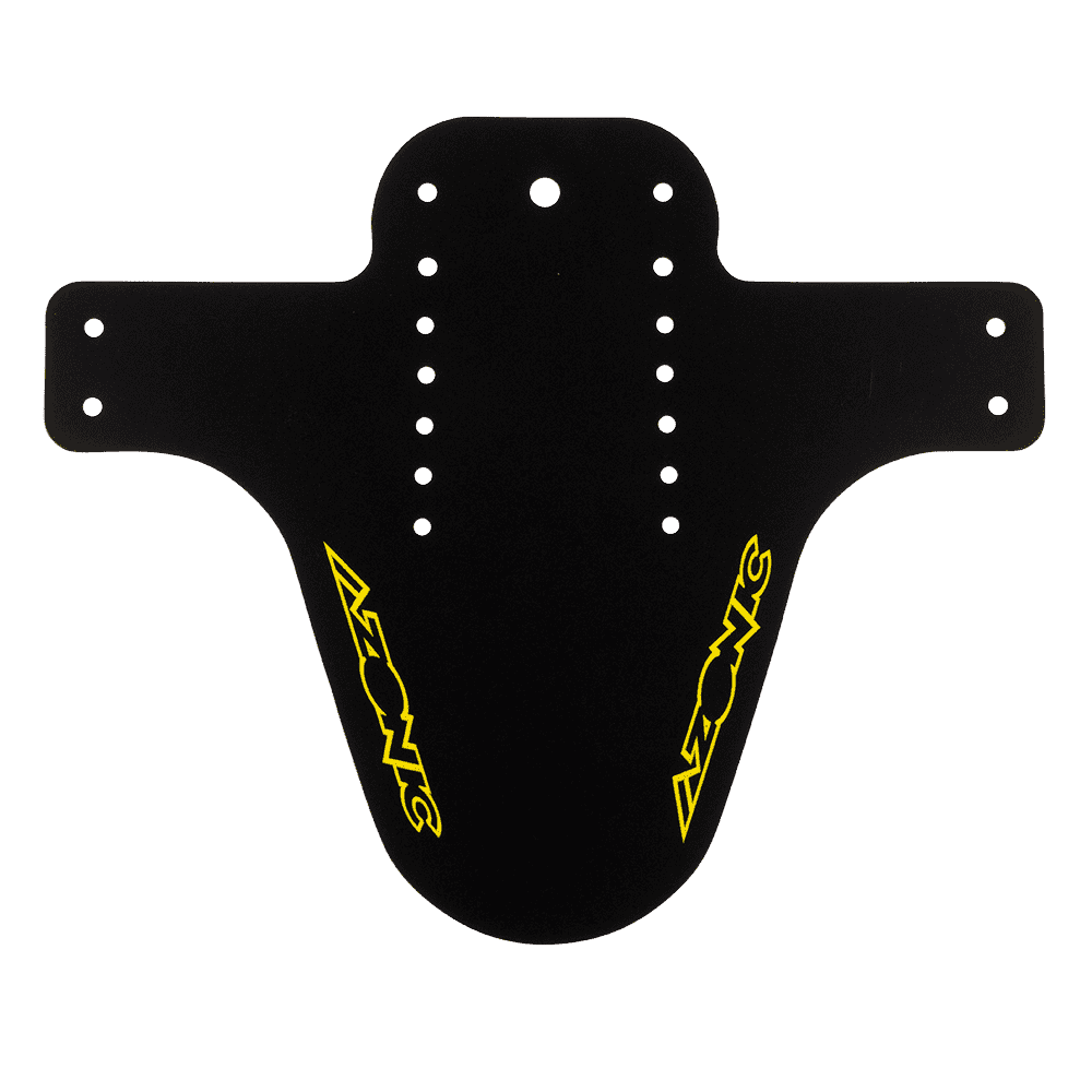 Das AZONIC SPLATTER Schutzblech LOGO ist ein schwarzes, mehrfach gelochtes Fahrradschutzblech mit beidseitigen gelben AZONIC-Logos und hat ein breites, geschwungenes Design mit verlängerten Seitenarmen.