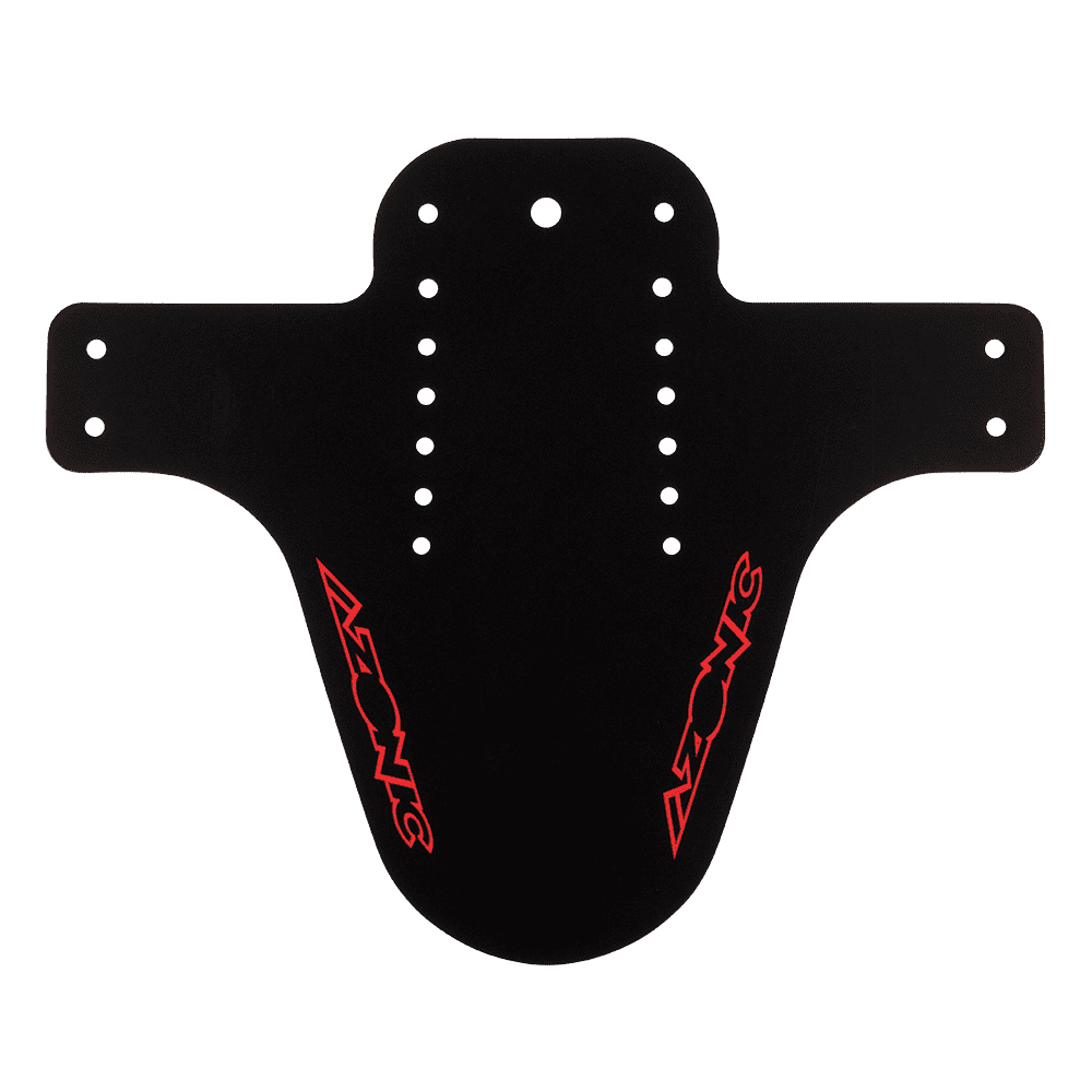 Das AZONIC SPLATTER Schutzblech LOGO ist ein schwarzes Fahrradschutzblech mit roten AZONIC-Logos auf beiden Seiten, mehreren Befestigungslöchern und einer Form, die sich nach oben verbreitert und nach unten verjüngt.
