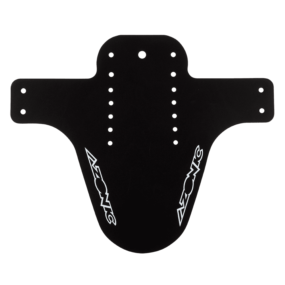 Das AZONIC SPLATTER Schutzblech LOGO ist ein schwarzes Fahrradschutzblech aus Kunststoff mit mehreren Löchern und weißen AZONIC-Logos auf beiden Seiten, das unter der Gabel montiert wird, um Schlammspritzer zu verhindern.