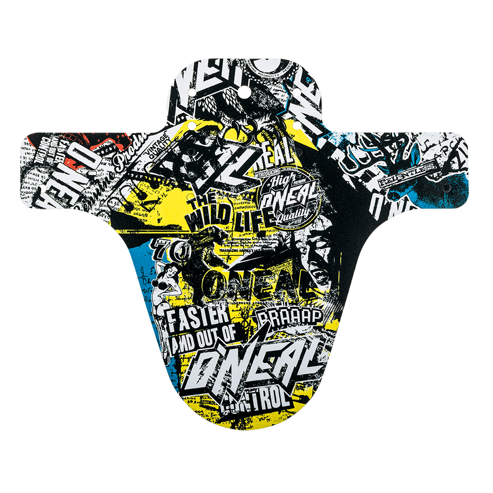 Das AZONIC SPLATTER Schutzblech WILD ist ein Fahrradschutzblech im Graffiti-Stil mit fetten Texten, abstrakten Formen und dynamischen Mustern in Schwarz, Weiß, Gelb und Blau. Zu den Merkmalen gehören Phrasen wie "AZONIC", "The Wild Life" und "Braap".