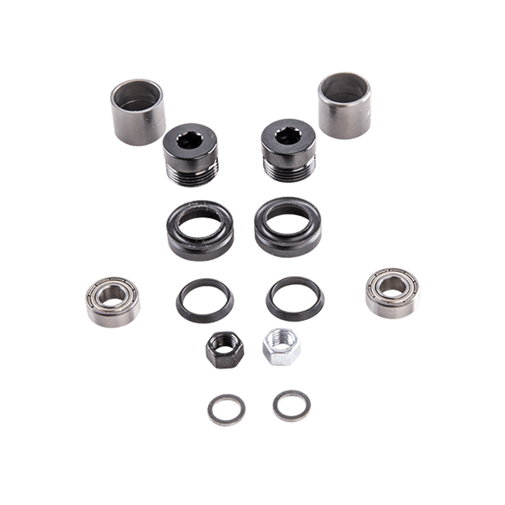 Das AZONIC Central Axle Instruction Combo Set SWITCHBACK von AZONIC zeigt verschiedene mechanische Metallteile - Lager, Unterlegscheiben, Muttern, Buchsen und Dichtungen - in sauberen Reihen auf einem schlichten weißen Hintergrund.