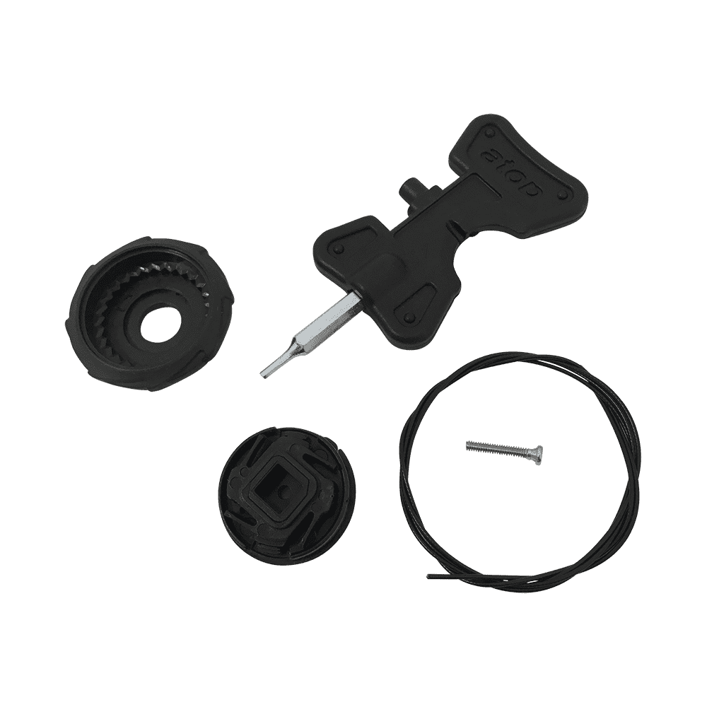 Das O'NEAL SESSION SPD Shoe Tensioner Kit 2018 enthält eine schwarze BOA-Skala, ein Spannwerkzeug, ein rundes Zahnrad, einen Spulendraht und eine Schraube - perfekt für den Austausch von Verschlussteilen an Ihren O'NEAL-Radschuhen.