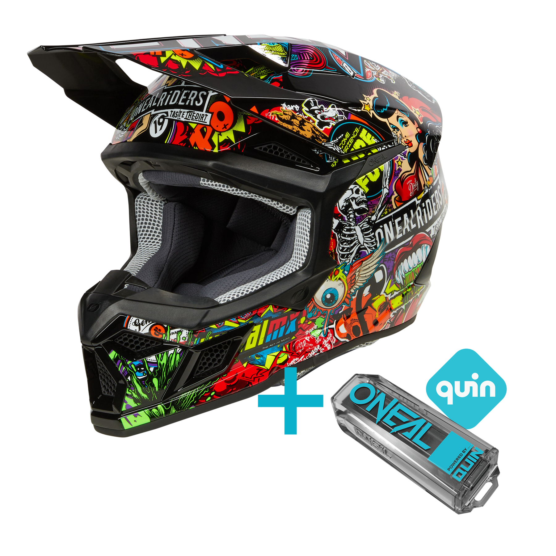 Das O'NEAL 3SRS Crank Quin Bundle ist ein farbenfroher Motocross-Helm im Graffiti-Stil mit verbesserter Helmkonnektivität, einem Quin Pro Smart Sensor und einem blauen Quin-Logo.