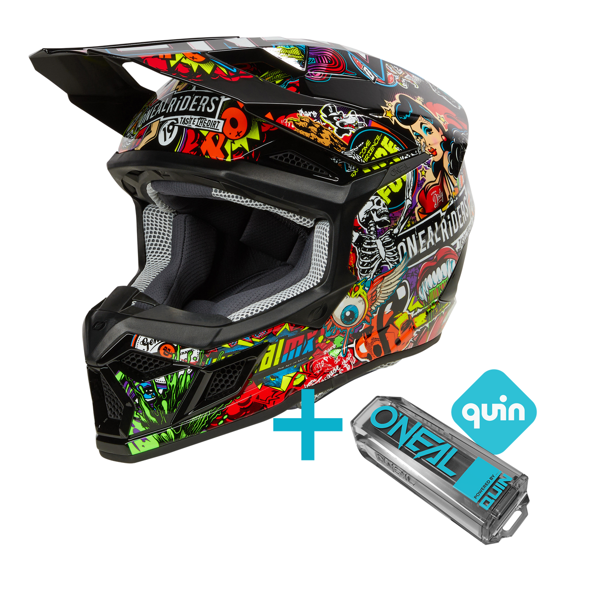 Das O'NEAL 3SRS Youth Crank Quin Bundle zeigt einen schwarzen Jugend-Motocross-Helm mit lebendigen Grafiken neben einem Quin Smart Sensor und einem blauen "quin"-Logo, die die fortschrittlichen technischen Funktionen dieses O'NEAL-Produkts hervorheben.