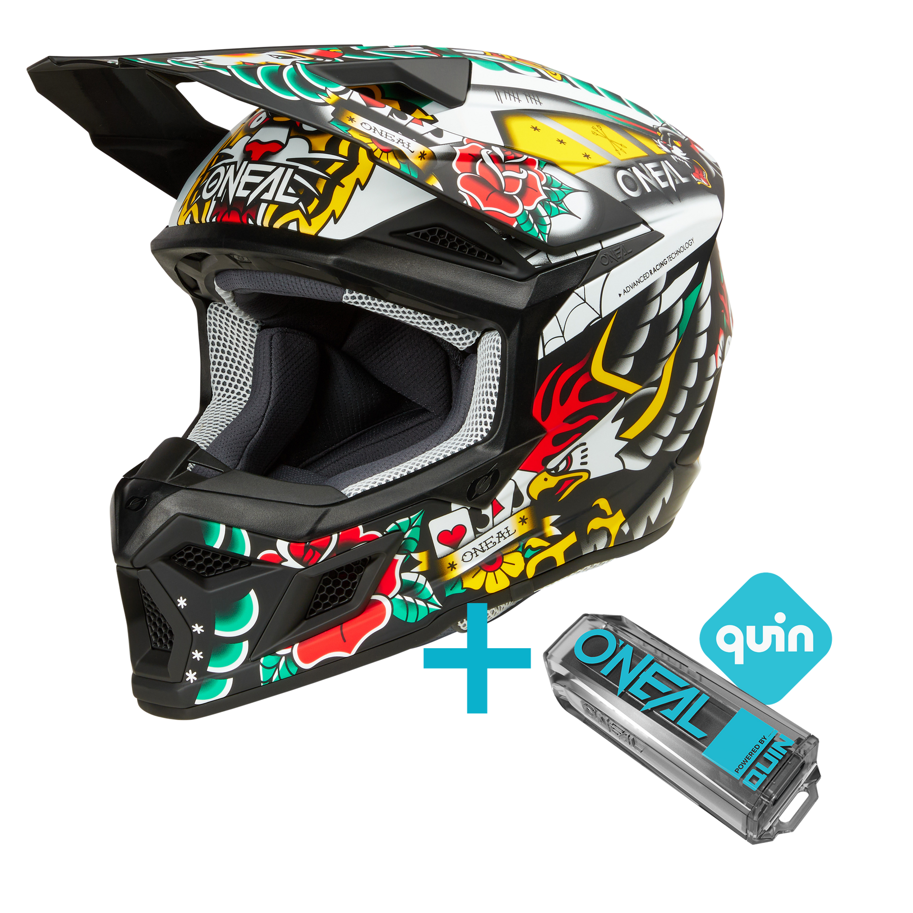 Das O'NEAL 3SRS Youth Inked Quin Bundle besteht aus einem farbenfrohen O'NEAL-Motocross-Helm und einem intelligenten Quin-Sensor, die auf einem weißen Hintergrund mit einem blauen Pluszeichen dazwischen abgebildet sind.