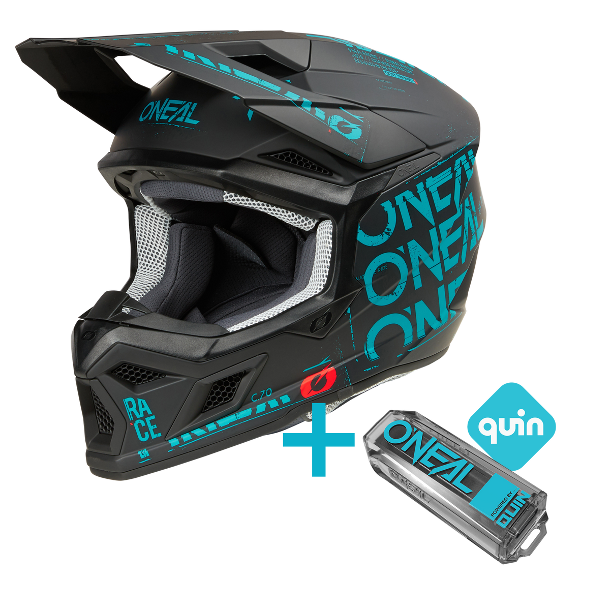 Das O'NEAL 3SRS Static Quin Bundle besteht aus einem schwarz-grünen Motocross-Helm mit Netzfutter und einem Quin Pro Smart Sensor, beides von O'NEAL, auf weißem Hintergrund.