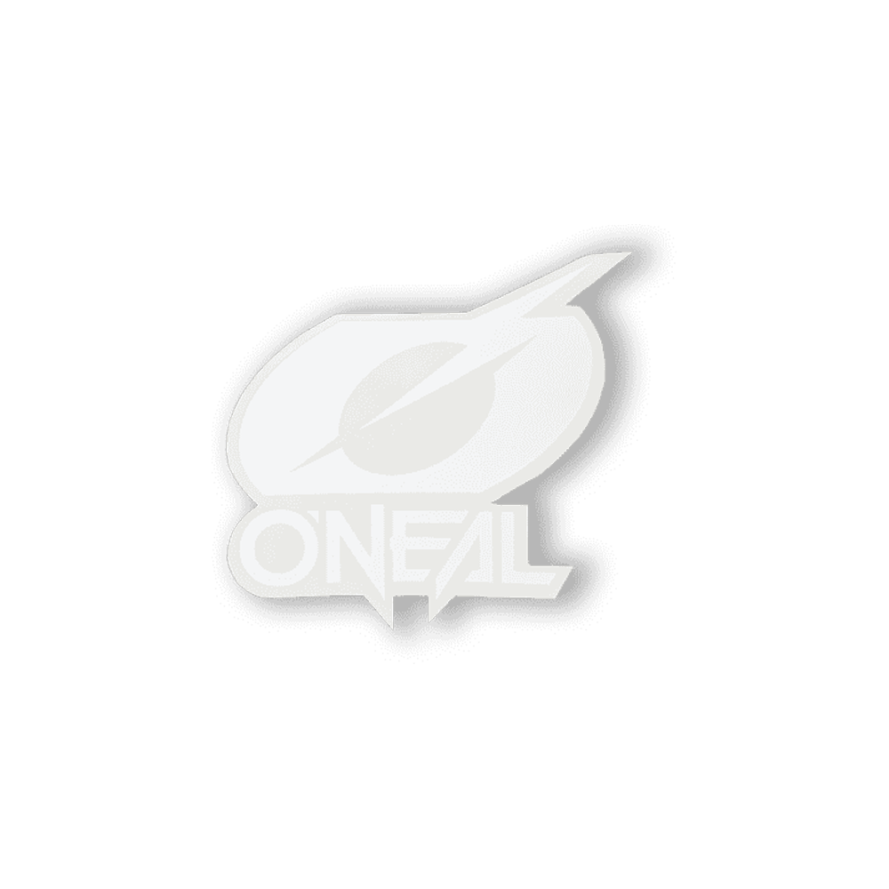 Der O'NEAL RIDER LOGO & ICON Sticker von O'NEAL zeigt ein weißes "ONEAL"-Logo unter einem Oval mit einem diagonalen Blitz, alles auf grauem Hintergrund.