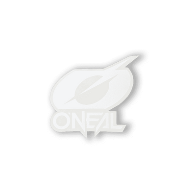 Der O'NEAL RIDER LOGO & ICON Sticker von O'NEAL zeigt ein weißes "ONEAL"-Logo unter einem Oval mit einem diagonalen Blitz, alles auf grauem Hintergrund.