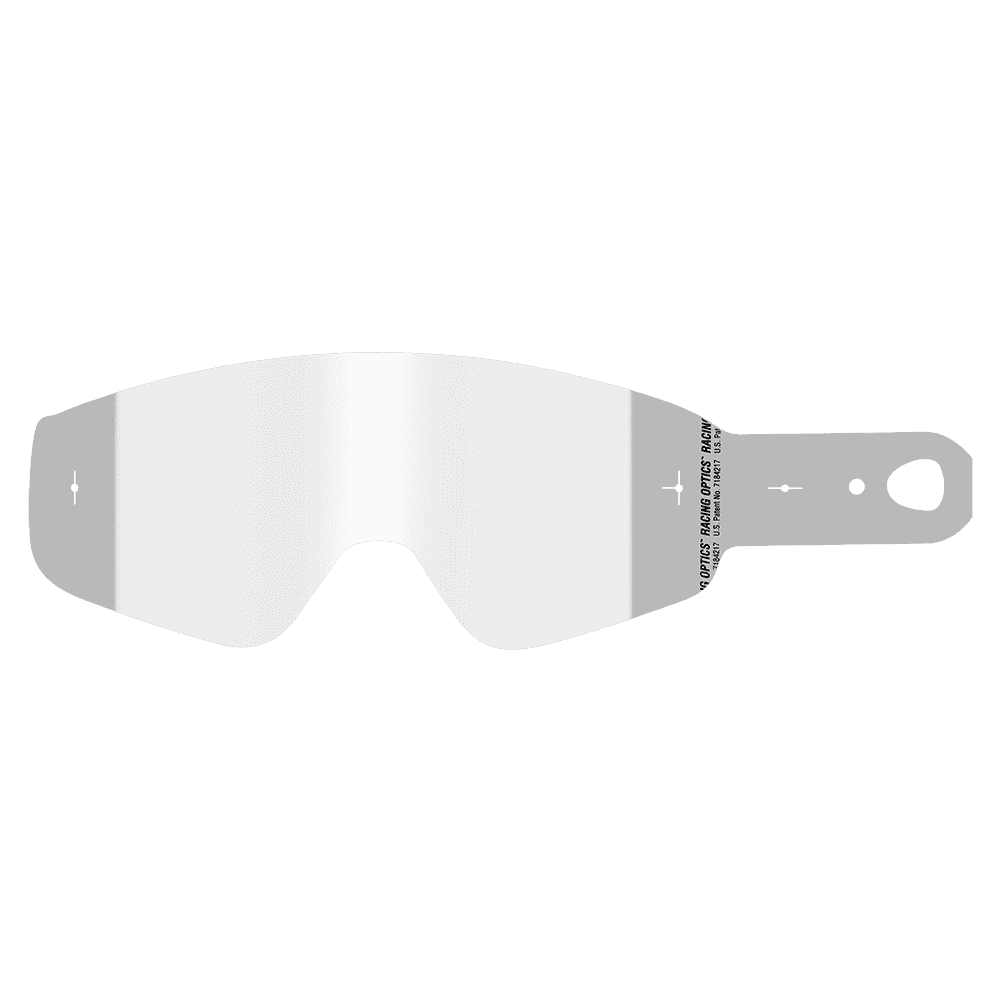 Die O'NEAL B-50 Goggle - Laminated Tear Off Pack ist eine klare, gewölbte Scheibe mit einer Lasche auf der rechten Seite und einem Loch zum schnellen Abnehmen, so dass der Fahrer beim Motocross oder Rennen immer klare Sicht hat.