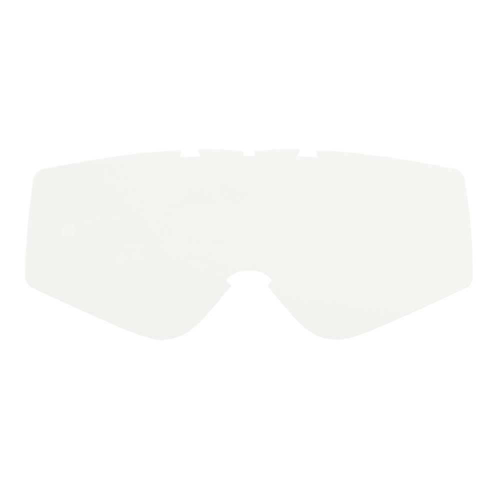 Die O'NEAL B-ZERO Goggle - Ersatzscheibe ist eine transparente, gewölbte Ersatzscheibe mit einer zentralen Kerbe unten und kleinen Laschen oben, die auf einem einfarbig weißen Hintergrund abgebildet ist.