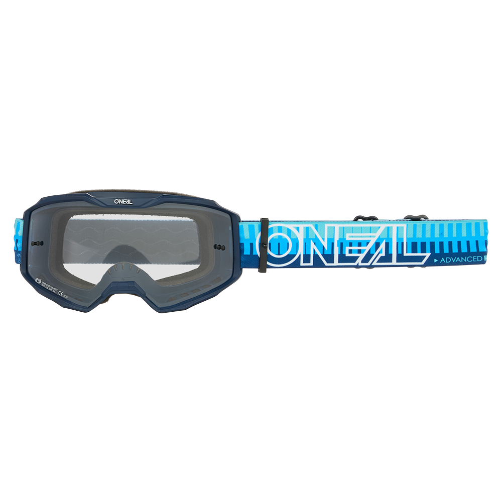 Die O'NEAL B-10 Goggle STRIPED hat ein blau-schwarzes Design, klare Gläser und ein verstellbares blaues Band mit weißem O'NEAL-Logo - ideal für Motocross oder Dirtbiking.