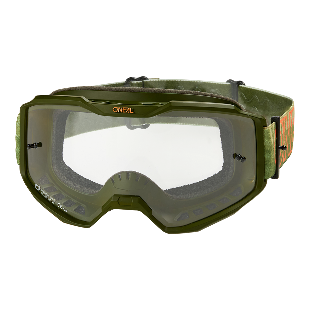 Die O'NEAL B-10 Goggle STRIPED ist eine grüne Motocrossbrille mit klaren Gläsern und verstellbarem Band.