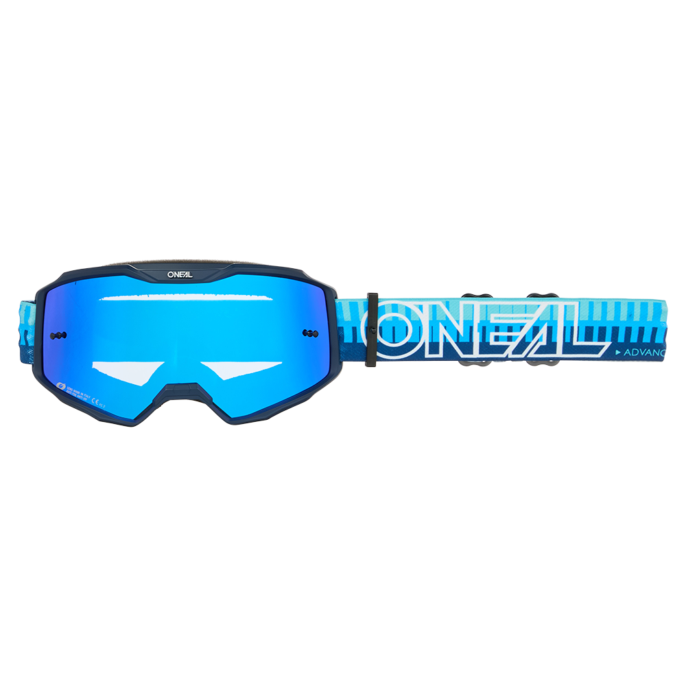 Die O'NEAL B-10 Goggle STRIPED hat einen schwarz-blauen Rahmen, ein verstellbares blaues Band mit weißem O'NEAL-Logo und ein blau getöntes, reflektierendes Glas - perfekt für Motocross-Fahrer.