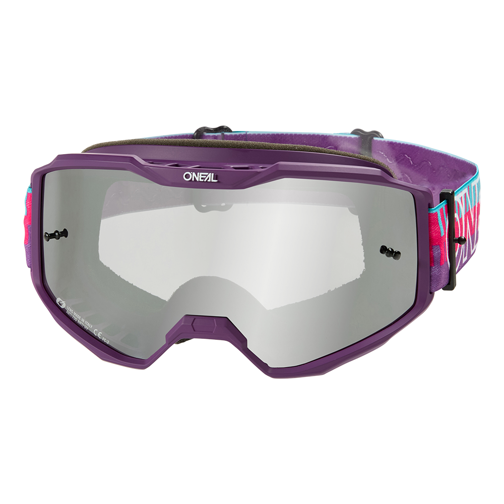 O'NEAL B-10 Youth Goggle STRIPED in Lila und Silber, mit reflektierenden Gläsern und buntem, verstellbarem Band. Ansicht von vorne.