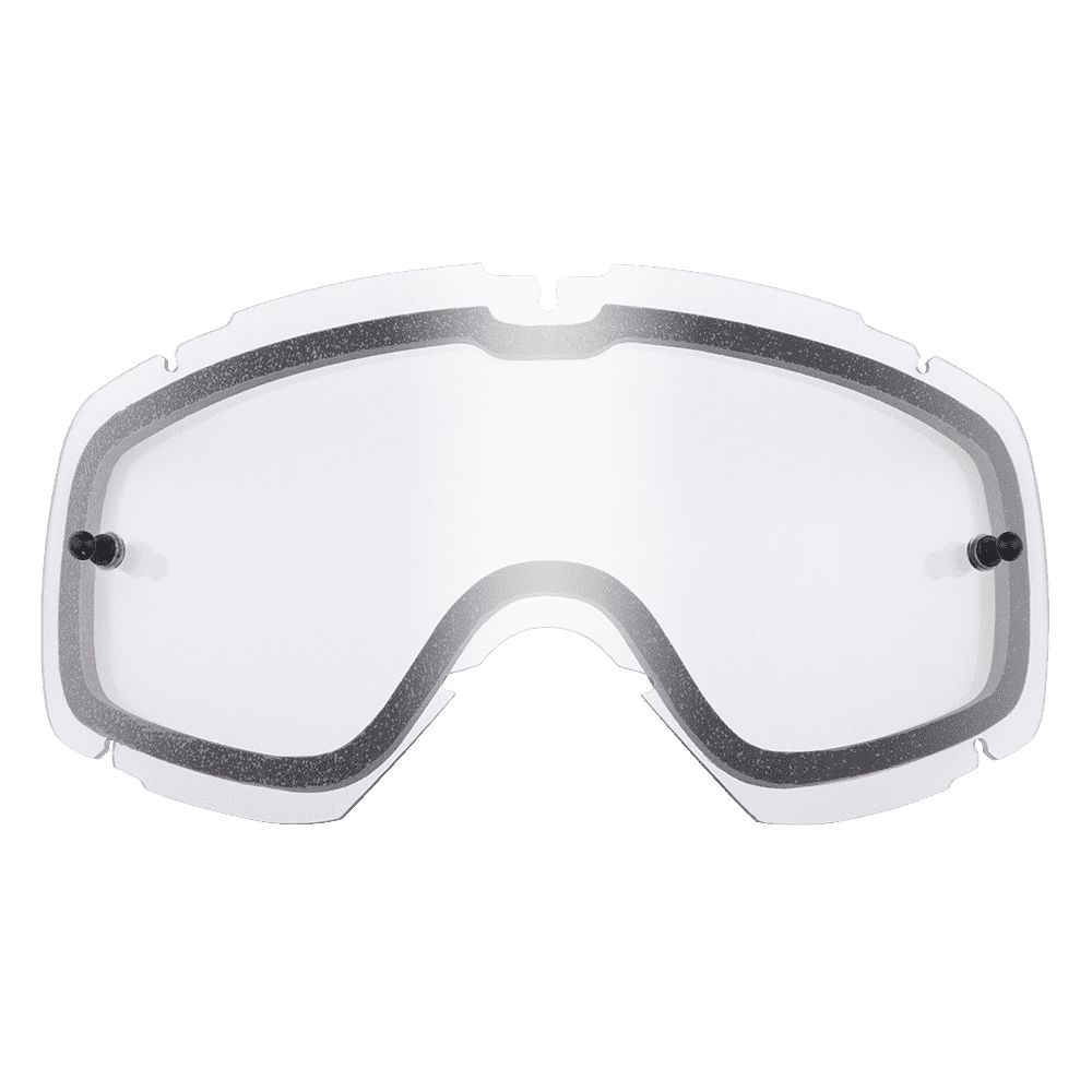 Die O'NEAL B-30 Youth Goggle Ersatz-Doppelscheibe ist eine klare, gewölbte Ersatzscheibe mit schwarzen seitlichen Befestigungspunkten und einer dunklen inneren Dichtung, die vor einem transparenten Hintergrund abgebildet ist.