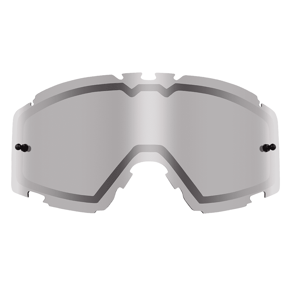 Die O'NEAL B-30 Goggle - Spare Double Lens ist eine silbern getönte, reflektierende Ersatzscheibe von O'NEAL mit gebogenen Rändern und zwei seitlichen Befestigungspunkten.