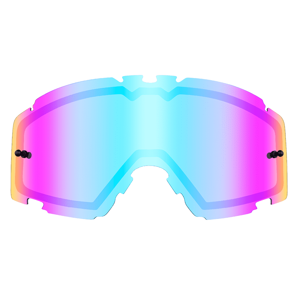 Die O'NEAL B-30 Goggle - Spare Lens zeichnet sich durch einen irisierenden Farbverlauf in Blau, Rosa und Lila auf einer breiten, gewölbten Scheibe mit schwarzen seitlichen Befestigungspunkten aus, die vor einem transparenten Hintergrund steht.