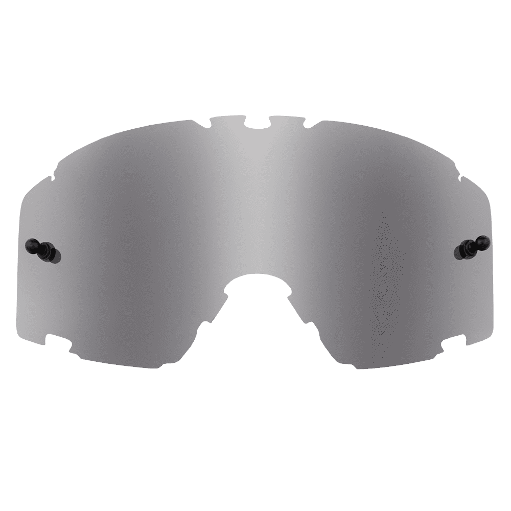 Die O'NEAL B-30 Goggle Ersatzscheibe verfügt über ein einzelnes gebogenes, reflektierendes silbernes Design mit seitlichen und oberen Aussparungen und Befestigungspunkten für eine einfache Rahmenanpassung, perfekt für den Sport- oder Radsportgebrauch.