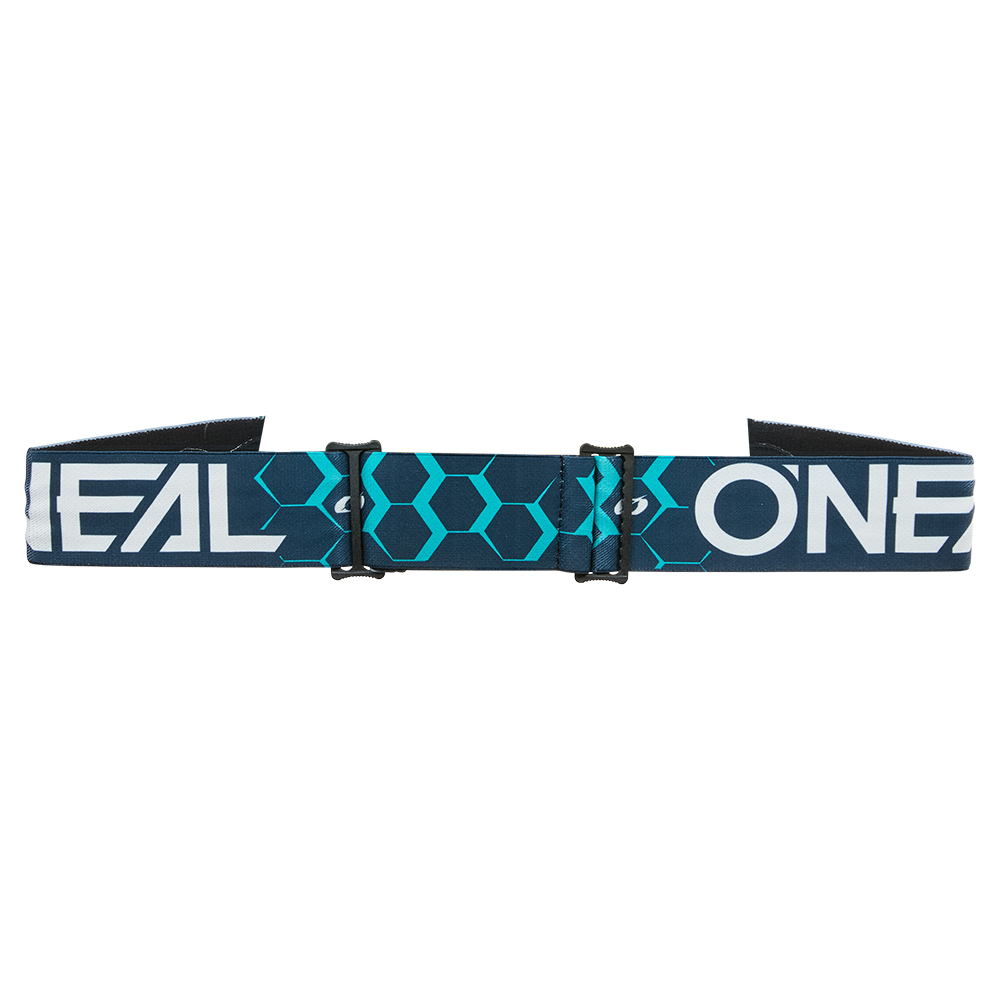 Die O'NEAL B-33 Goggle HEXA verfügt über ein elastisches Band mit einem blauen, sechseckigen Muster in der Mitte, weißem O'NEAL"-Schriftzug auf jeder Seite und schwarzen Einstellschiebern.
