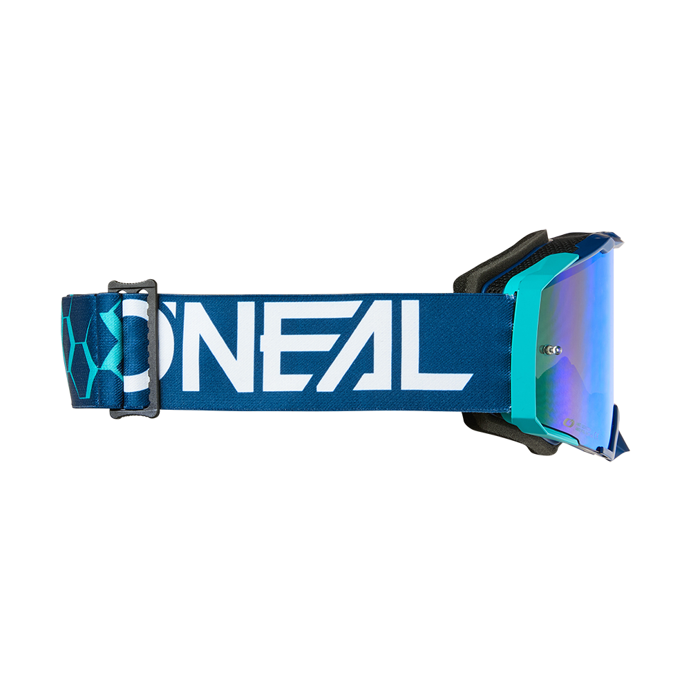 Die O'NEAL B-33 Goggle HEXA hat einen blauen und blaugrünen Rahmen, ein reflektierendes Glas und ein verstellbares Band mit weißem "O'NEAL"-Schriftzug und sechseckigen Details an der Schnalle.