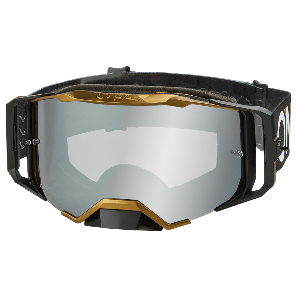 Die O'NEAL B-33 Goggle HEXA ist eine schwarz-goldene Motocross-Brille mit reflektierenden Gläsern und verstellbarem Band auf weißem Hintergrund.
