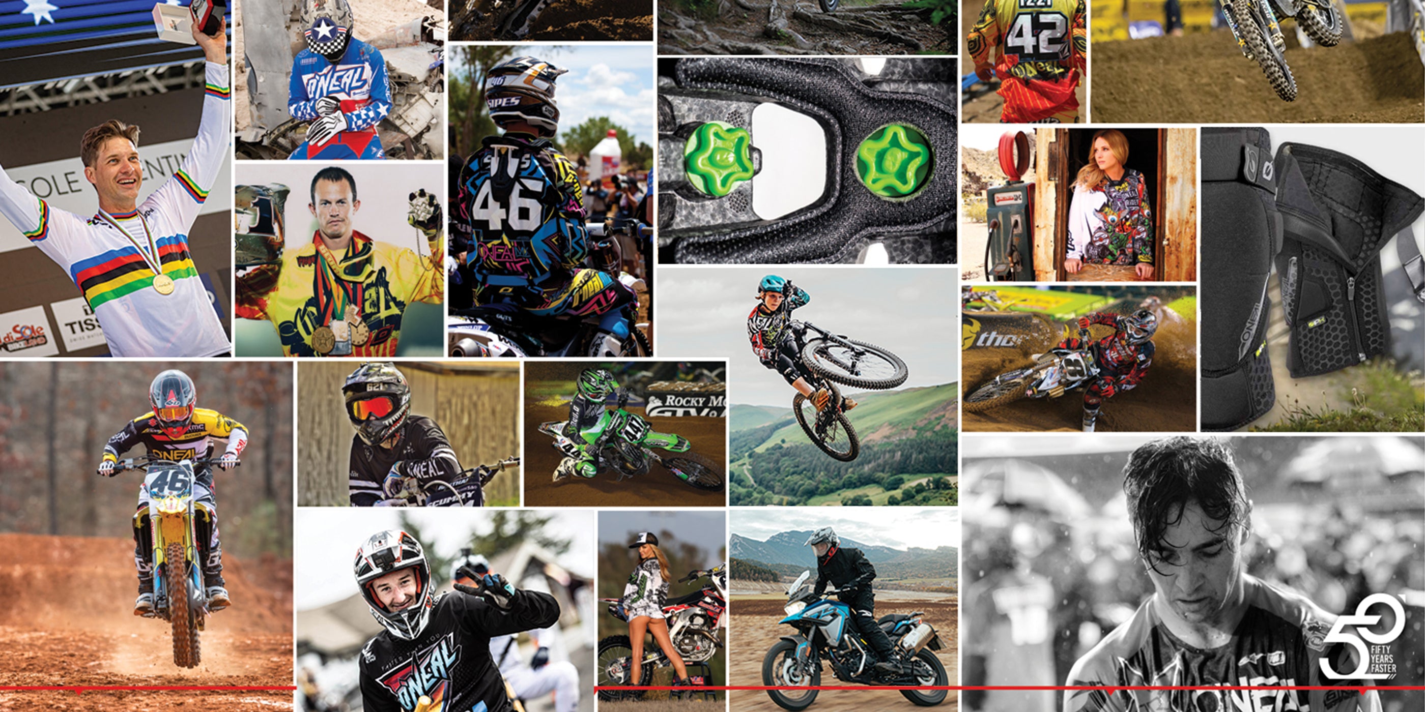 Eine Collage aus verschiedenen Motocross-Bildern, die Fahrer in Aktion, Nahaufnahmen der Ausrüstung und gefeierte Momente zeigen. Einige Bilder zeigen Dirtbike-Stunts, posierende Fahrer und Nahaufnahmen von Helmen, Handschuhen und Schutzausrüstung. Gemischte Gefühle sind sichtbar, von Triumph bis Konzentration.