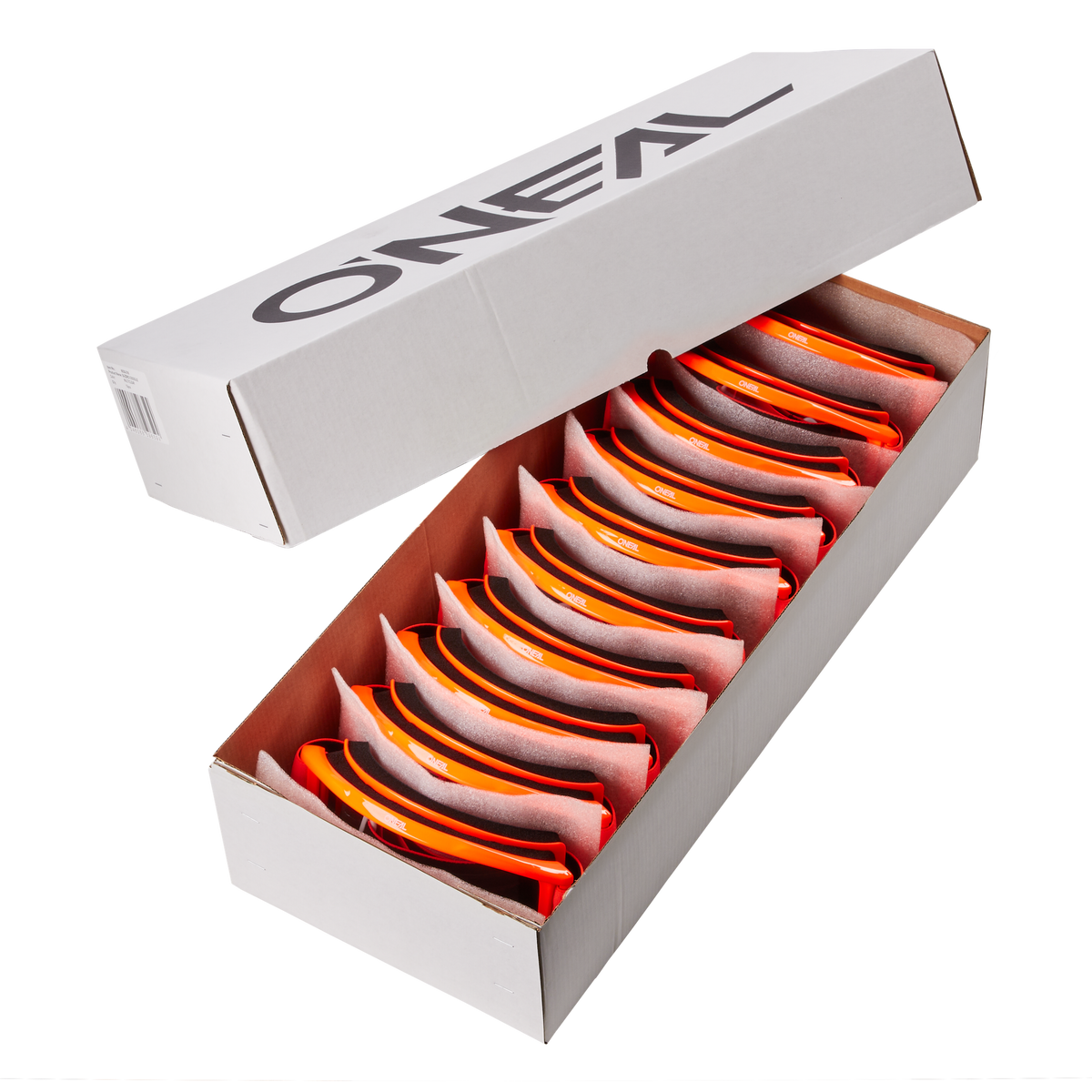 Eine weiße O'NEAL-Schachtel mit der Aufschrift "O'NEAL B-ZERO Goggle 10pcs" enthält 10 orangefarbene und schwarze O'NEAL B-ZERO-Schutzbrillen, jede ordentlich in ihrem eigenen Fach mit teilweise geöffnetem Deckel angeordnet.