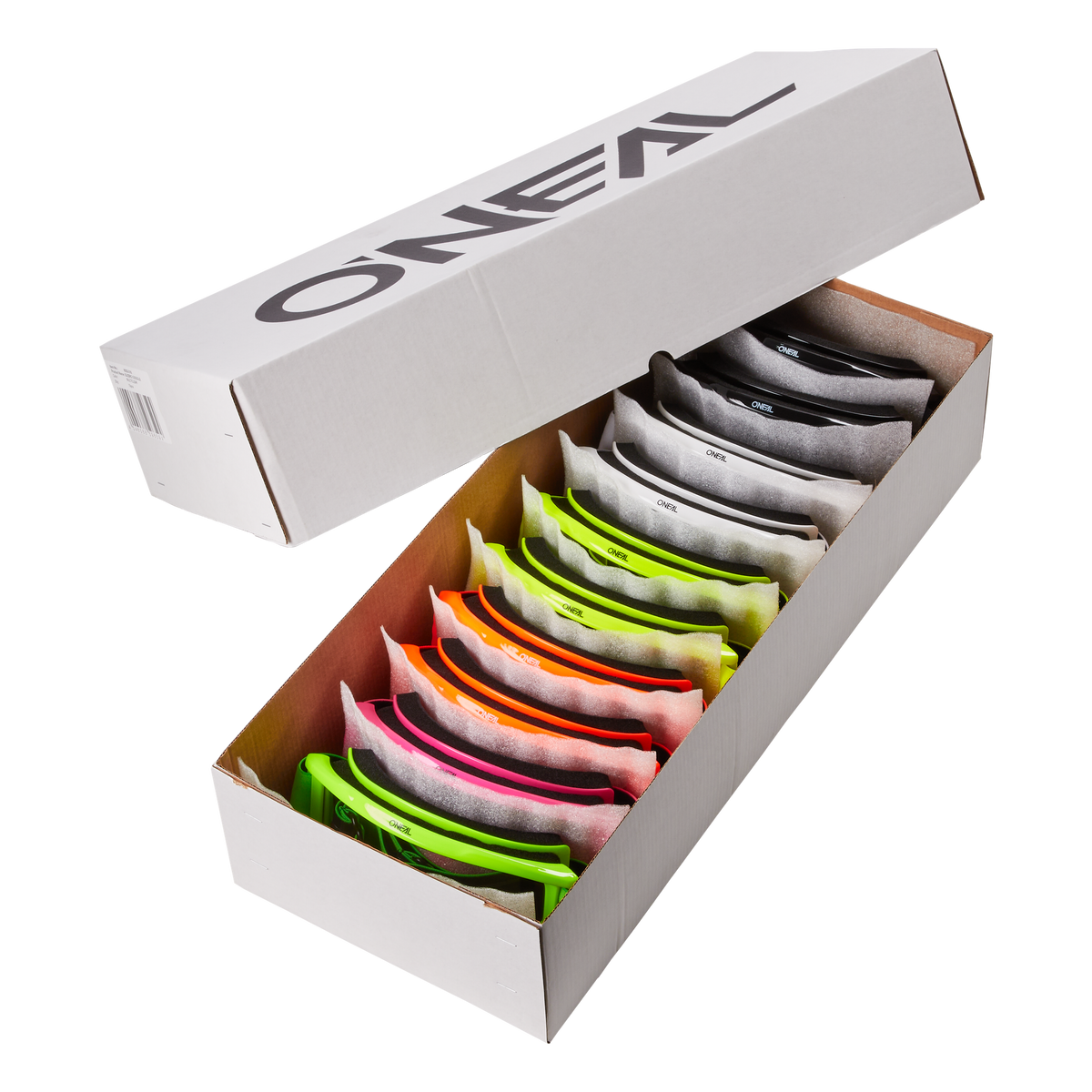 Eine geöffnete weiße O'NEAL-Schachtel enthält 10 O'NEAL B-ZERO Goggles, die in Reihen mit Papierzwischenlagen angeordnet sind. Das Set enthält Brillen in grün, rosa, orange, gelb und schwarz.