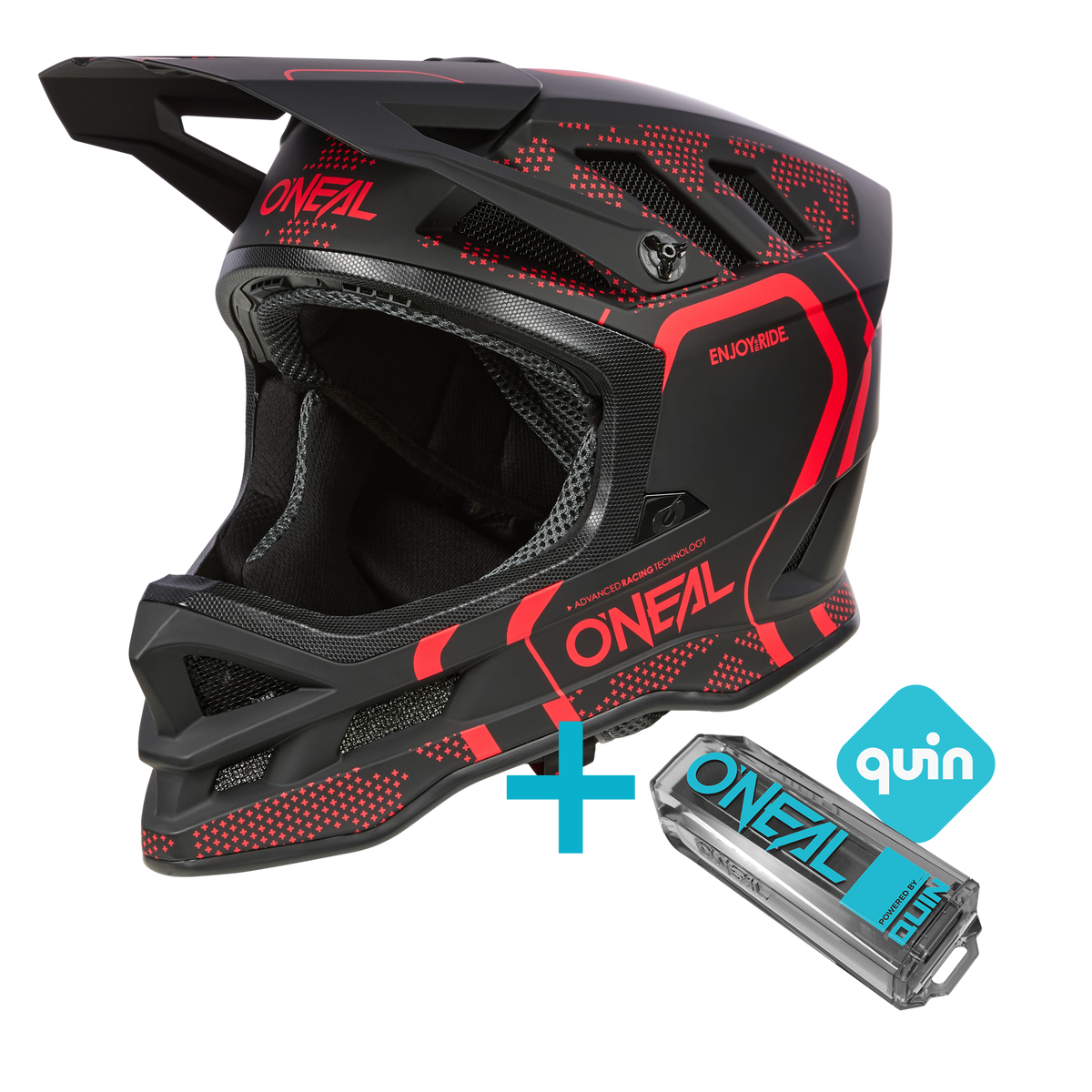 Der O'NEAL BLADE Strike Quin Bundle ist ein schwarz-roter Fullface-MTB-Helm von O'NEAL, der mit einem Quin Pro Smart Sensor und einem blauen Quin-Logo ausgestattet ist, um seine Kompatibilität mit dem Quin-Sicherheitssystem zu unterstreichen.
