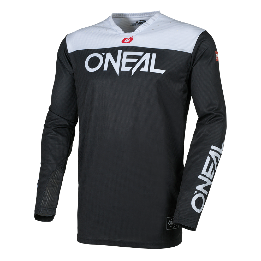 Das O'NEAL HARDWEAR Jersey ELITE ist ein schwarz-weißes Langarm-Motocross-Trikot mit auffälligem O'NEAL-Branding auf der Brust und dem rechten Ärmel, Netzeinsätzen für Atmungsaktivität und einem kleinen Logoaufnäher am Saum.