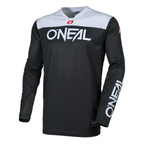 Das O'NEAL HARDWEAR Jersey ELITE ist ein schwarz-weißes Langarm-Motocross-Trikot mit auffälligem O'NEAL-Branding auf der Brust und dem rechten Ärmel, Netzeinsätzen für Atmungsaktivität und einem kleinen Logoaufnäher am Saum.