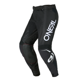 Die O'NEAL HARDWEAR Pants ELITE ist eine schwarze Motocross-Hose mit weißem O'NEAL-Branding, die mit verstärkten Einsätzen und Schutzpolstern an Knien und Oberschenkeln ausgestattet ist und für den Einsatz im Gelände oder beim Motocross entwickelt wurde.