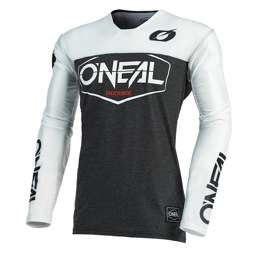Das O'NEAL MAYHEM Jersey HEXX präsentiert sich mit weißen Ärmeln, einem dunkelgrauen Körper und einem auffälligen "O'NEAL"-Branding. Der rote Schriftzug "ENJOYRIDE." unter dem Brustlogo unterstreicht die Qualität und Funktionalität für Motocross-Fans.