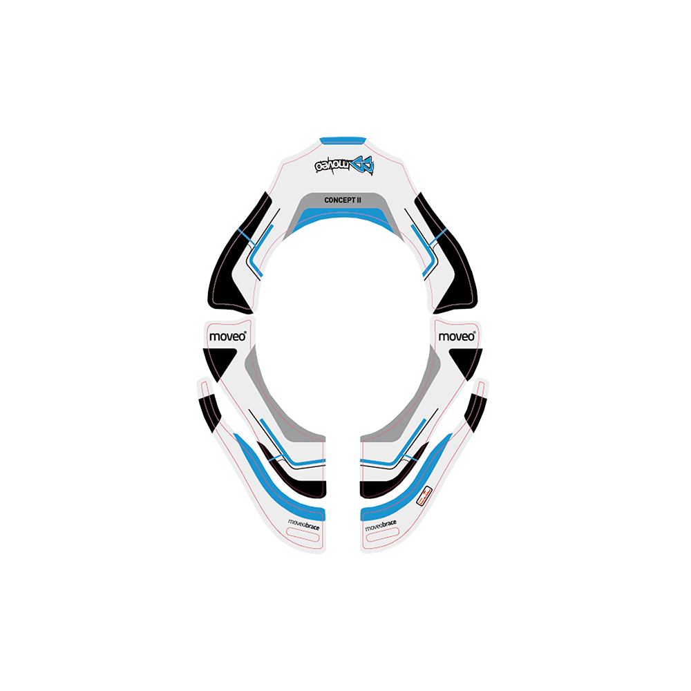 Draufsicht auf einen MOVEO Sticker Kits CONCEPT Visieraufkleber in Weiß, Blau und Schwarz mit MOVEO-Logos, der um die Augenöffnung eines Helms passt.