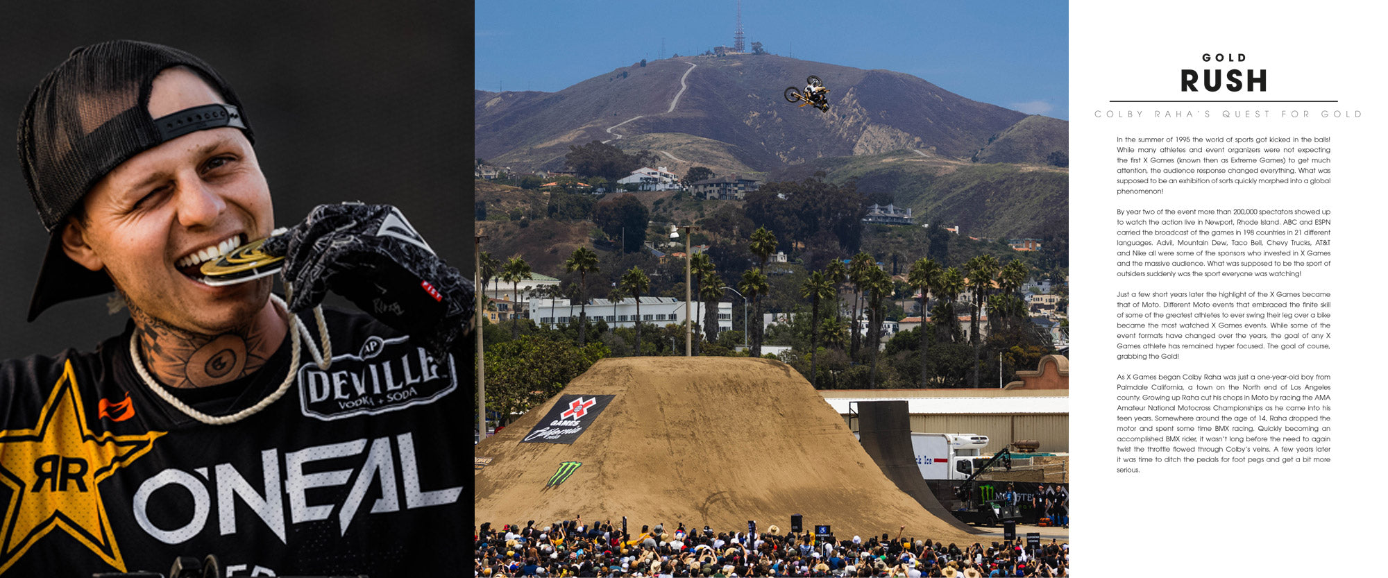 Ein Motocrossfahrer beißt in eine Goldmedaille, während er ein dunkles O'NEAL-Trikot, eine Mütze und Handschuhe trägt. In der Mitte ist ein Fahrer in der Luft, der bei einem Outdoor-Event mit einer großen Menschenmenge und einer Bergkulisse im Hintergrund einen Sprung vollführt. Auf der rechten Seite ist ein Artikel mit dem Titel „Gold Rush“ zu sehen.