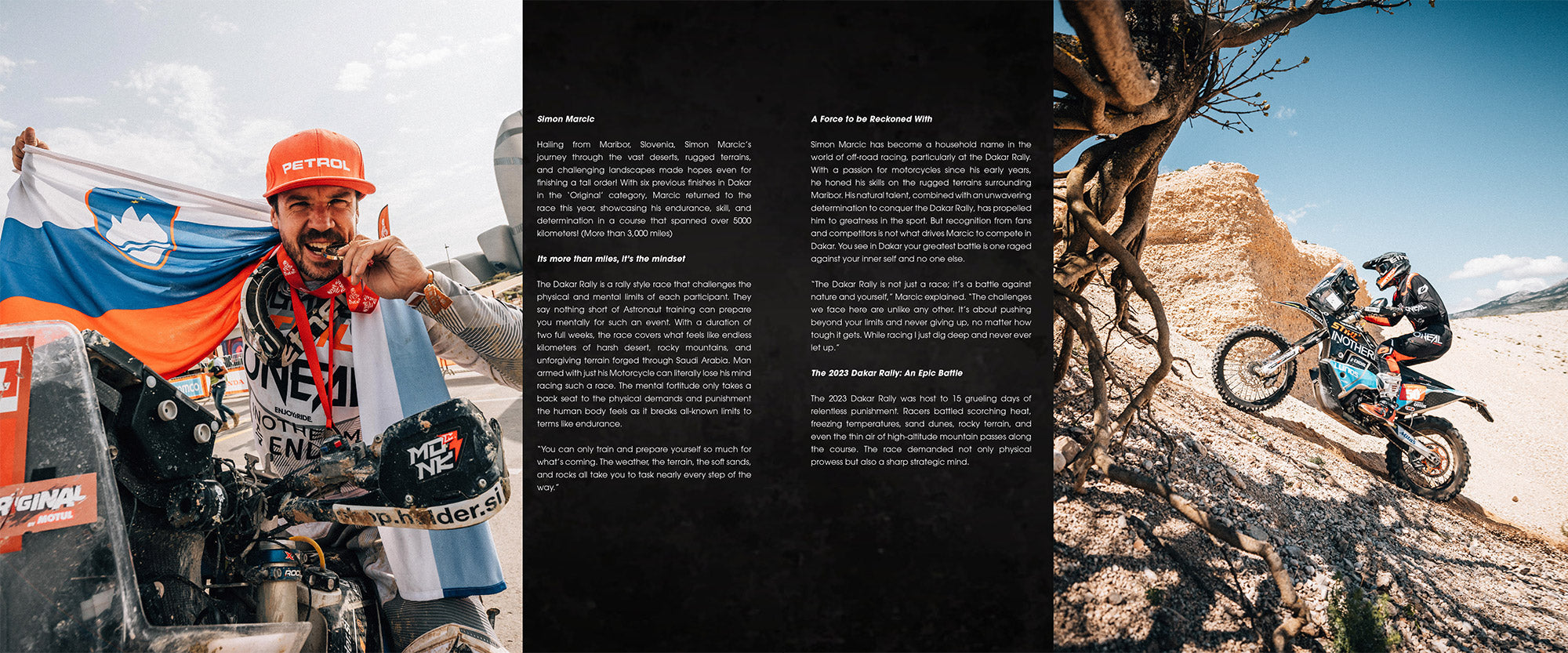 Ein Mann in Rennuniform steht mit einem Motorrad da, lächelt und hält eine Flagge. Der mittlere Abschnitt enthält Text. Auf der rechten Seite fährt ein anderer Mann mit einem Motorrad über sandiges Gelände mit Bergen im Hintergrund. Beide Teile des Bildes zeigen ein Wüstenrennen.
