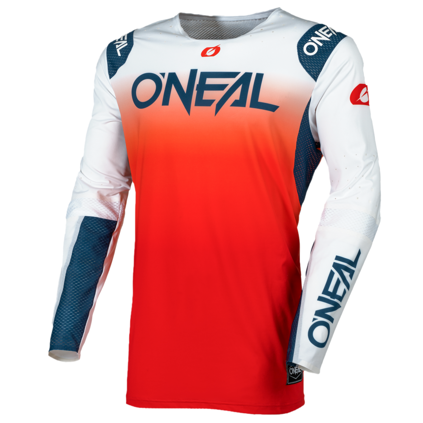 The O'NEAL Prodigy Jersey FIVE FIVE FADE is a long-sleeved motocross jersey with a color gradient from white to red, blue sleeve accents and eye-catching "O'NEAL" lettering on the chest and right forearm.