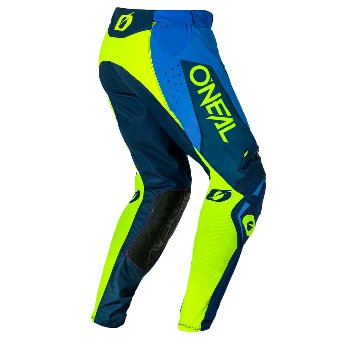 Die O'NEAL PRODIGY Hose FIVE FIVE RACE Motocross-Hose in Blau und Neongelb verfügt über verstärkte Kniebereiche, Mesh-Belüftungseinsätze und ein auffälliges "O'NEAL"-Branding.
