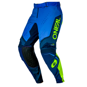 Die O'NEAL PRODIGY Hose FIVE FIVE RACE Motocross-Hose zeichnet sich durch blaue und neongelbe Farben, schwarze Knieaufnäher, einen auffälligen gelben "O'NEAL"-Schriftzug auf dem linken Oberschenkel und geometrische Muster aus.