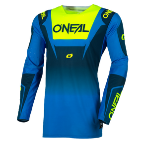 Das O'NEAL PRODIGY Jersey FIVE FIVE RACE ist ein langärmeliges Motocross-Trikot in Blautönen mit neongelben Akzenten, das den O'NEAL-Markennamen auf der Brust, dem linken Handgelenk und der rechten Schulter trägt.
