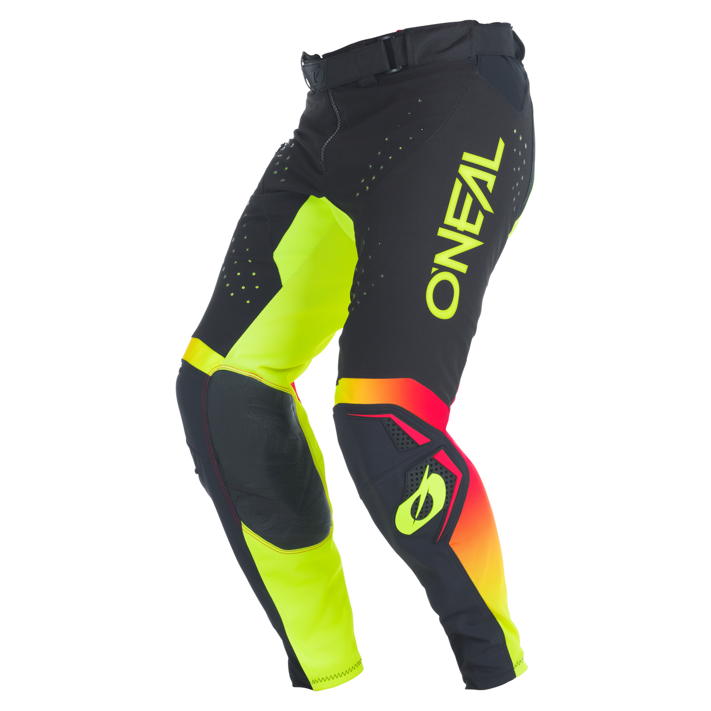 O'NEAL Europe PRODIGY Pants FIVE SIX in Schwarz/Neongelb, mit verstärkten Kniepartien und einem auffälligen Logo auf dem linken Oberschenkel, das vom Motocross-Design inspiriert ist und auf weißem Hintergrund gezeigt wird.