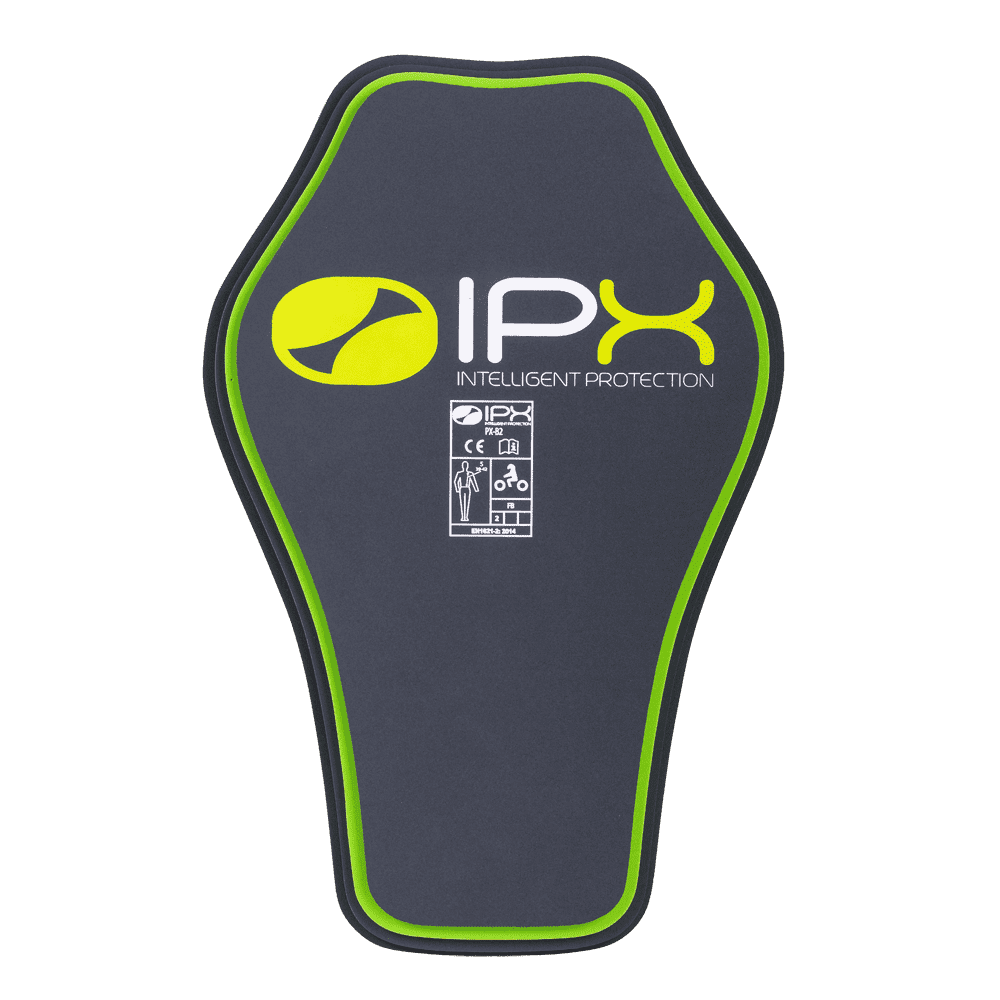 Der O'NEAL Protektoren-Schaum POI ist ein schwarz-grünes Rückenpolster mit dem "IPX Intelligent Protection"-Logo und den Symbolen der Sicherheitszertifizierung auf der Vorderseite.