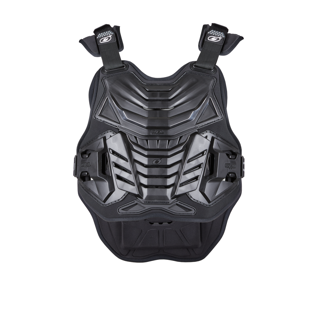 Der O'NEAL PROGRESSION Brustpanzer LITE in den Farben Schwarz und Grau verfügt über verstellbare Schultergurte für bequemen Tragekomfort und bietet optimalen Schutz für den Oberkörper beim Motocross oder Offroad-Biken. Abgebildet auf einem schlichten weißen Hintergrund.