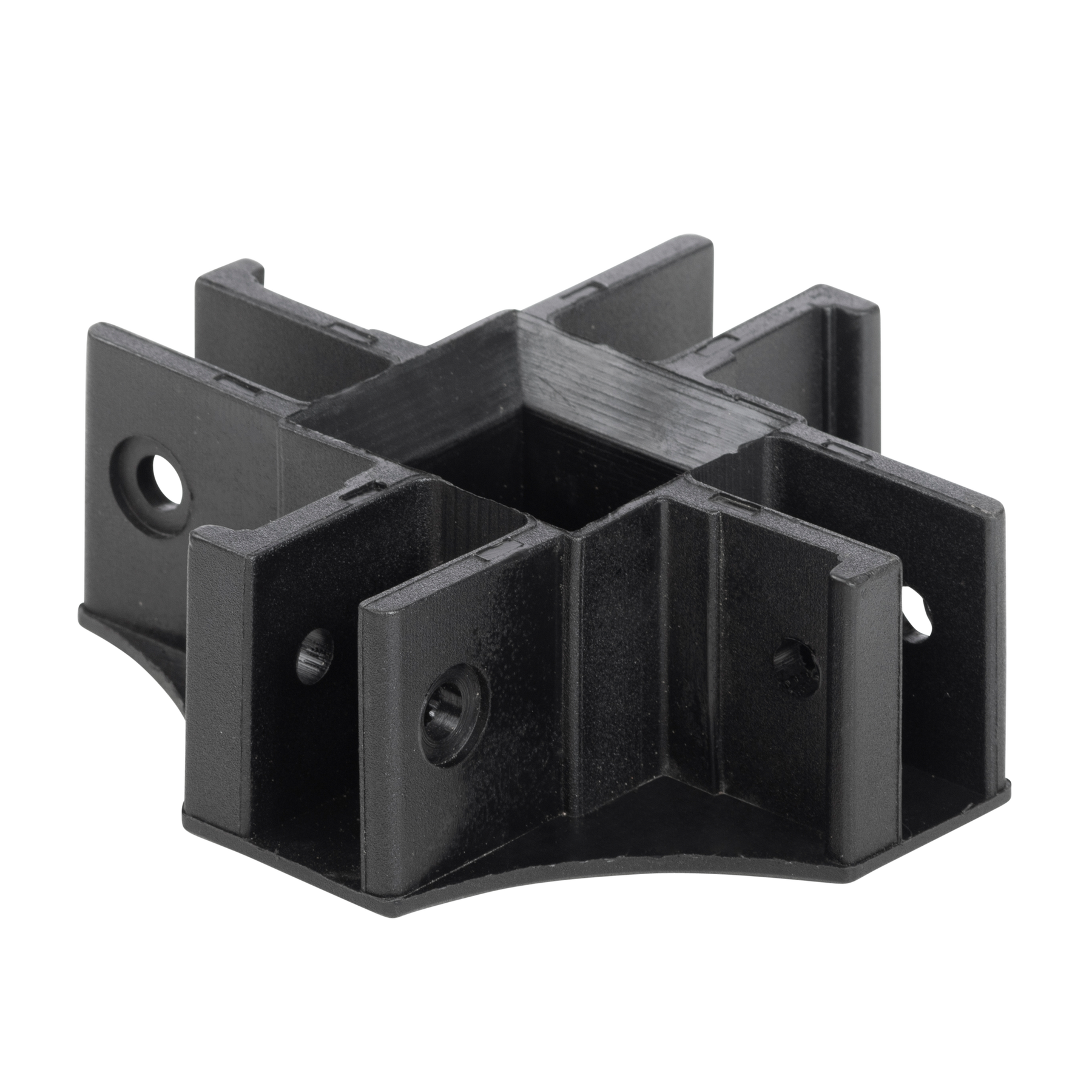 Der O'NEAL RACE TENT Centre Bottom Connector von O'NEAL ist ein schwarzes, X-förmiges Kunststoffteil mit mehreren Schlitzen und Löchern zur Verbindung von vier Trägern oder Stangen im rechten Winkel.